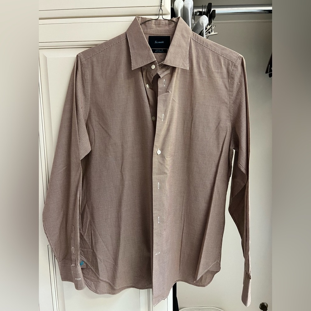 Like New Faconnable Long Sleeve Button Down Cotton Poplin Shirt XL tan gingham